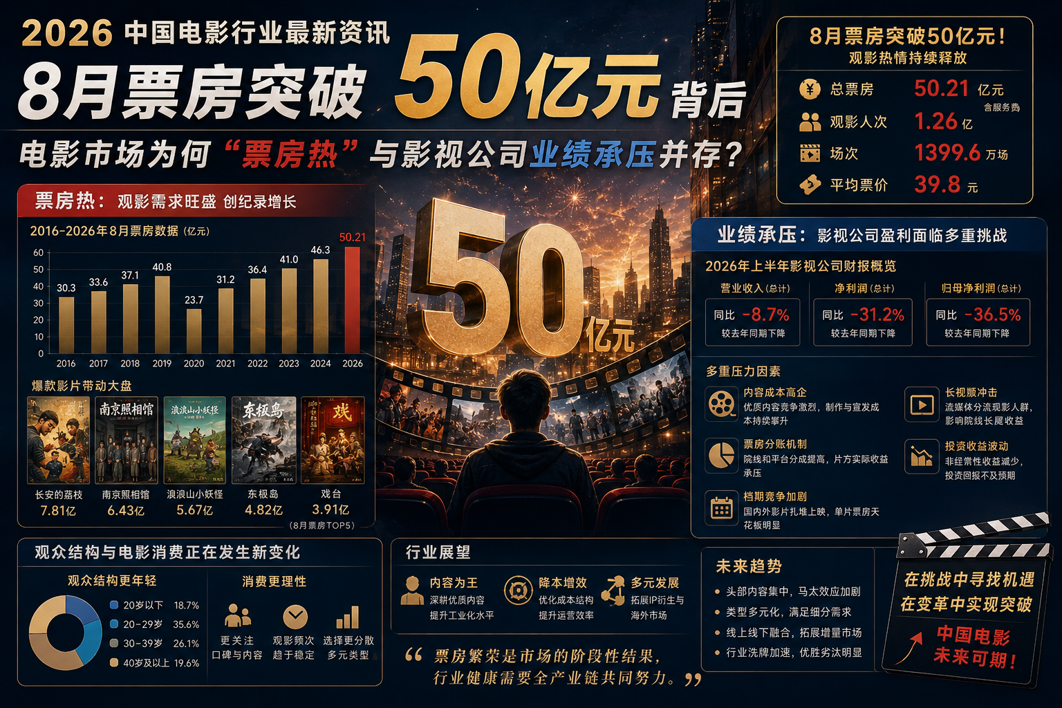 2026中国电影行业最新资讯：8月票房突破50亿元背后，电影市场为何“票房热”与影视公司业绩承压并存？